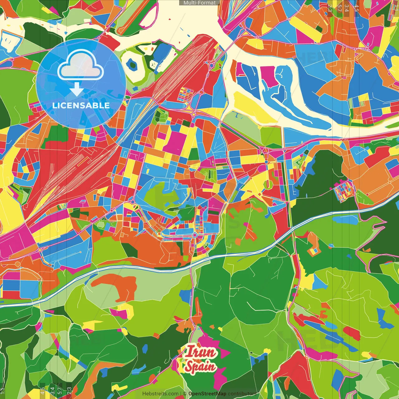 Irun, Gipuzkoa, Spain Crazy Colorful Street Map Poster Template