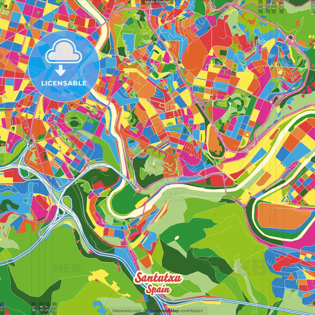 Santutxu, Bilbao, Spain Crazy Colorful Street Map Poster Template