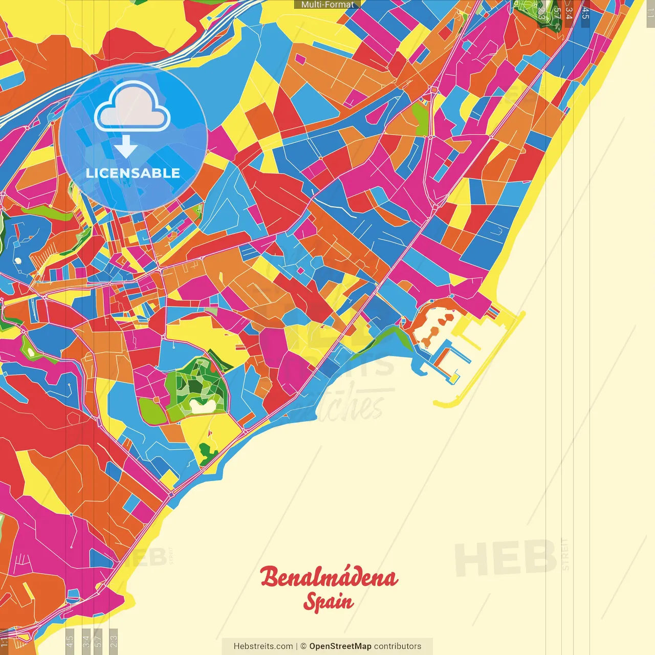 Benalmádena, Málaga, Spain Crazy Colorful Street Map Poster Template