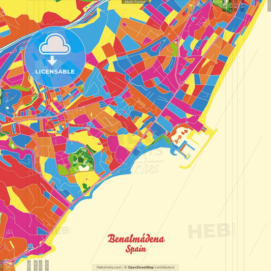 Benalmádena, Málaga, Spain Crazy Colorful Street Map Poster Template