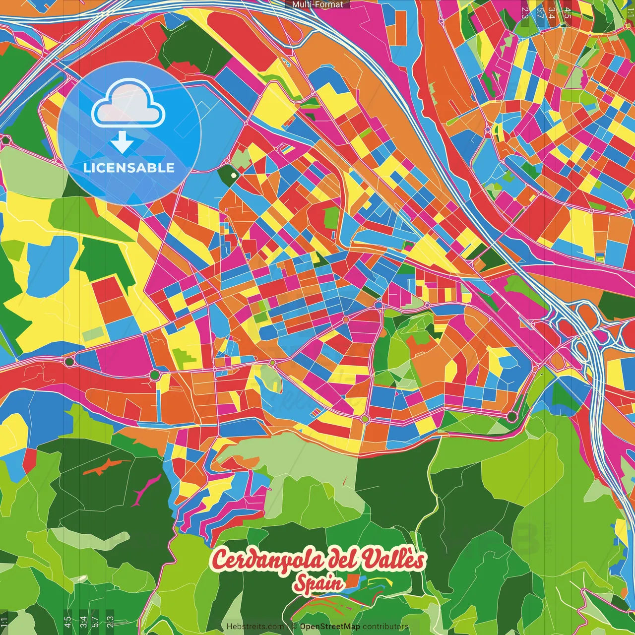 Cerdanyola del Vallès, Barcelona, Spain Crazy Colorful Street Map Poster Template