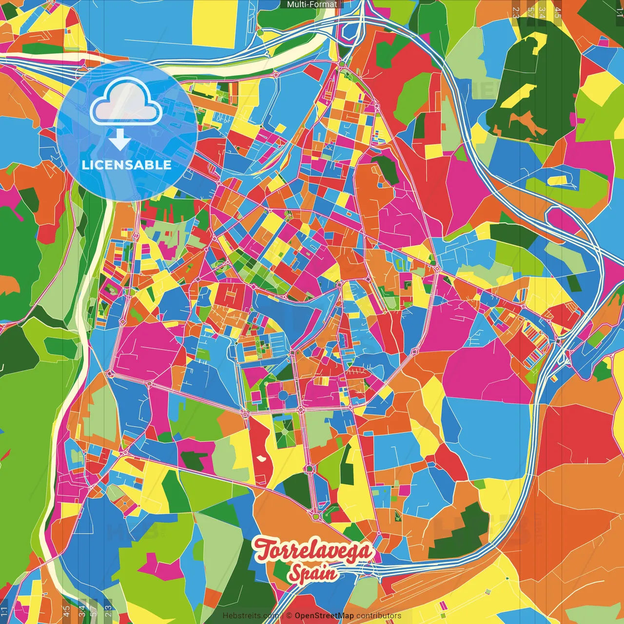 Torrelavega, Cantabria, Spain Crazy Colorful Street Map Poster Template