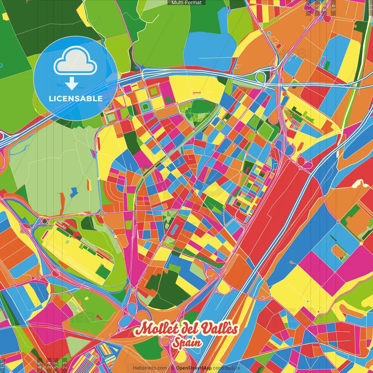 Mollet del Vallès, Barcelona, Spain Crazy Colorful Street Map Poster Template