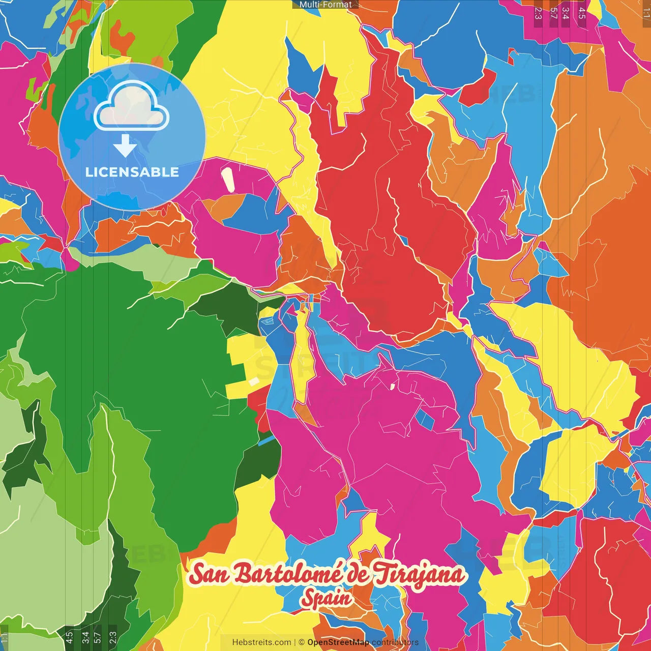 San Bartolomé de Tirajana, Las Palmas, Spain Crazy Colorful Street Map Poster Template