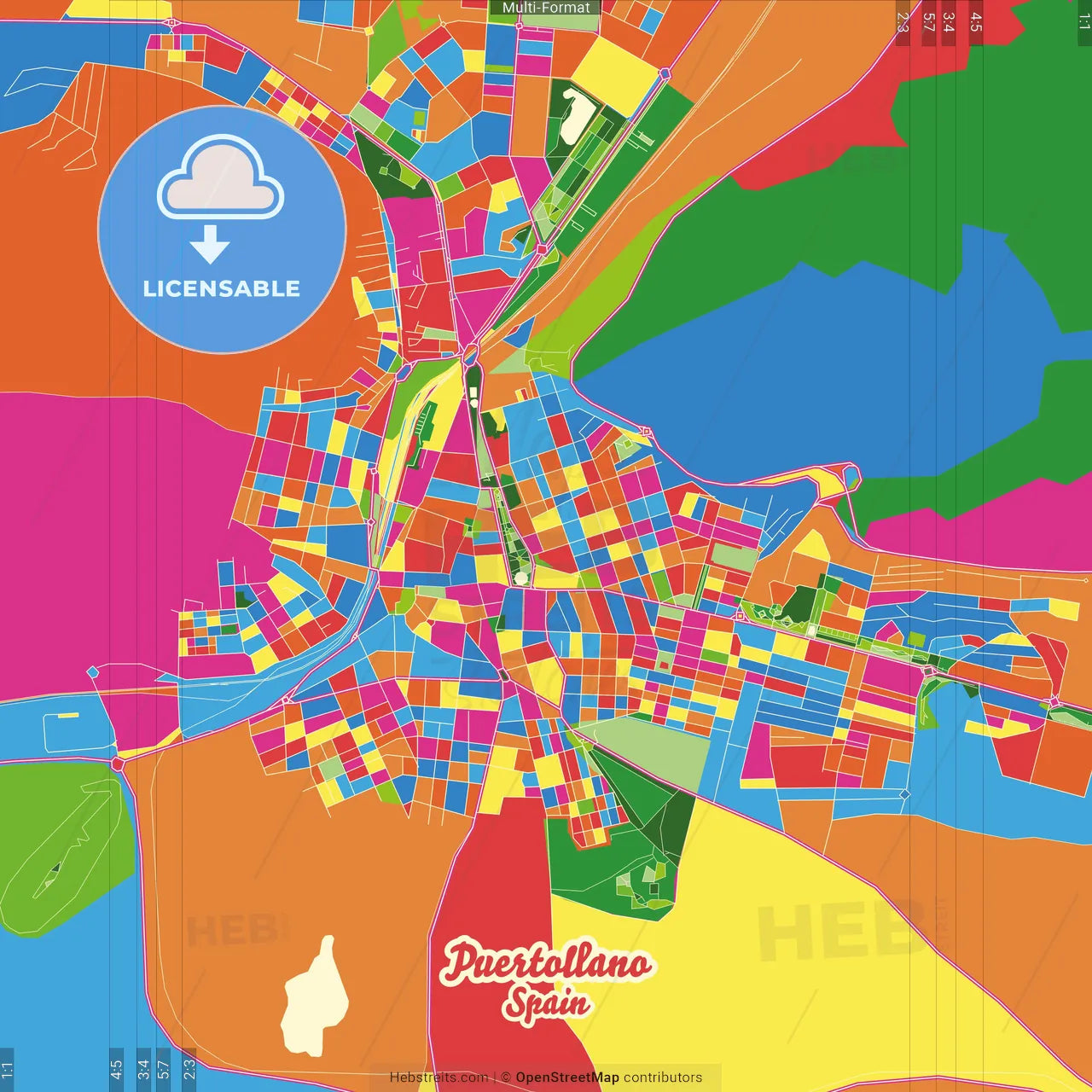 Puertollano, Ciudad Real, Spain Crazy Colorful Street Map Poster Template