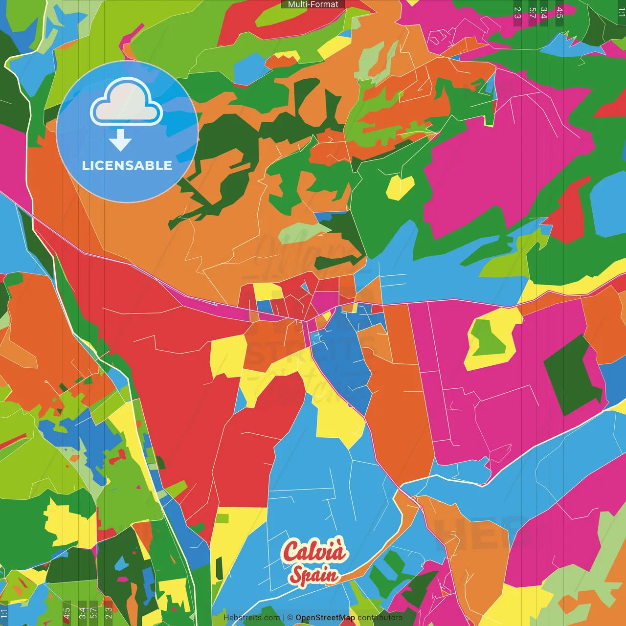 Calvià, Balearic Islands, Spain Crazy Colorful Street Map Poster Template