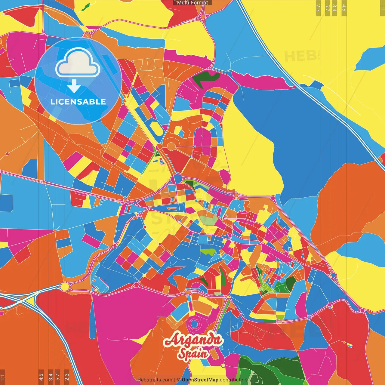 Arganda, 28500, Spain Crazy Colorful Street Map Poster Template