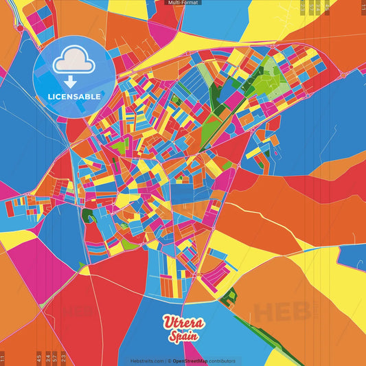 Utrera, Seville, Spain Crazy Colorful Street Map Poster Template