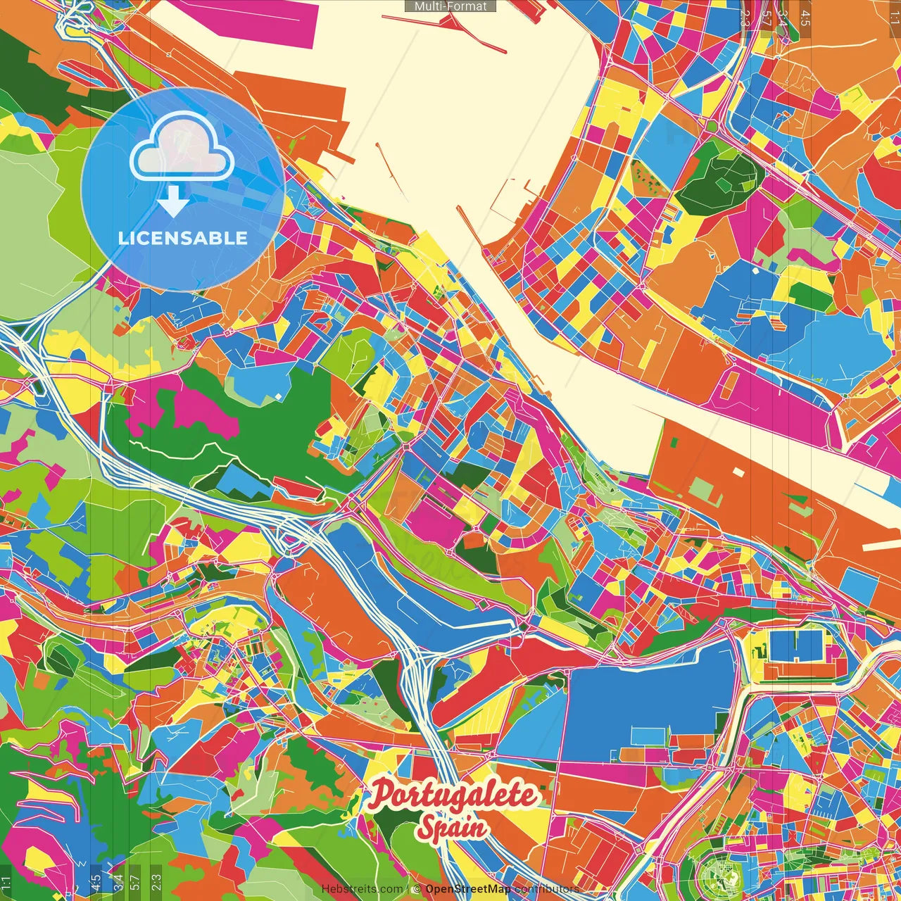 Portugalete, Bizkaia, Spain Crazy Colorful Street Map Poster Template