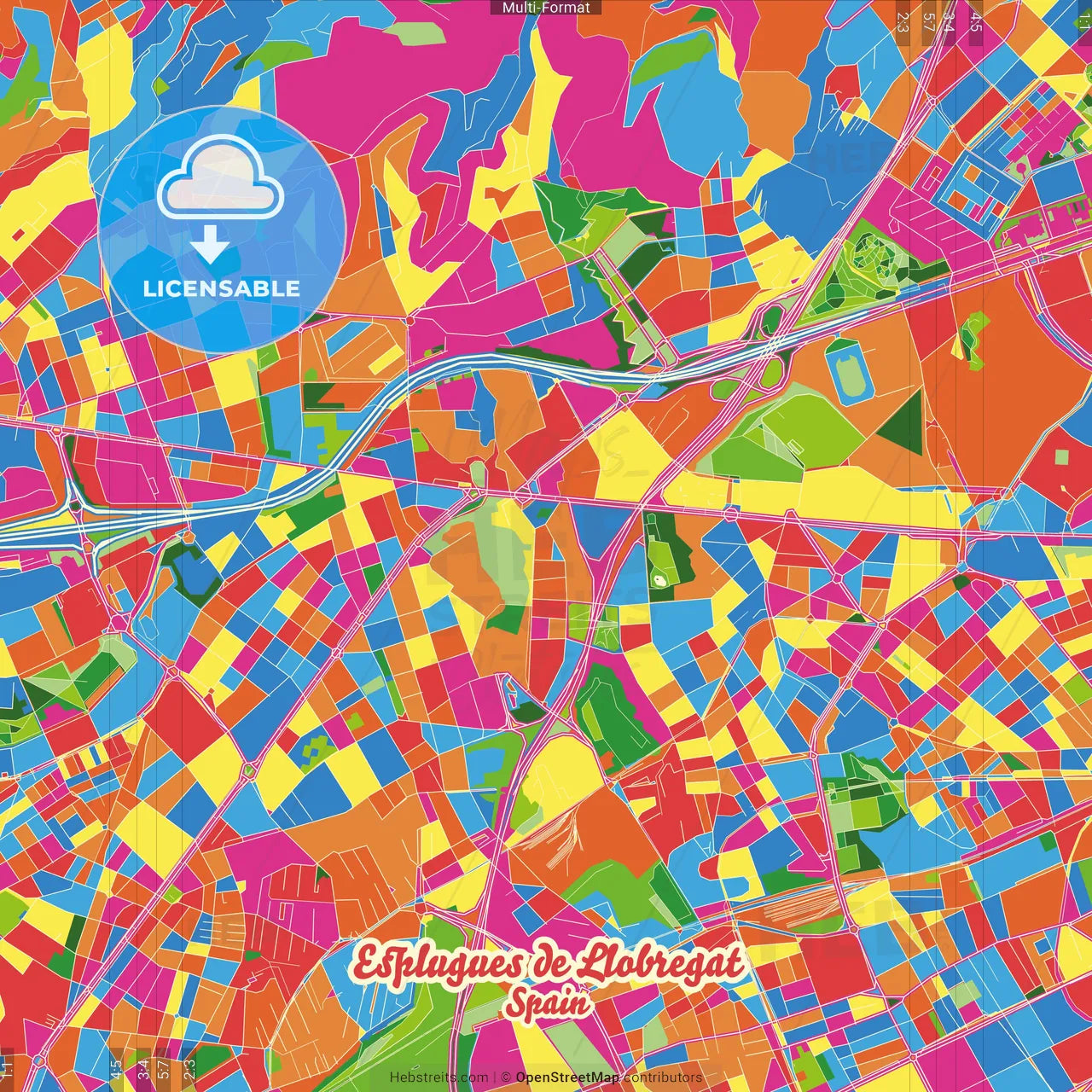 Esplugues de Llobregat, Barcelona, Spain Crazy Colorful Street Map Poster Template