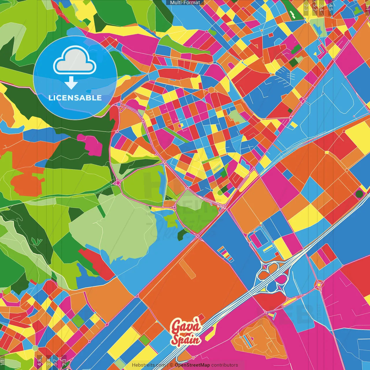 Gavà, Barcelona, Spain Crazy Colorful Street Map Poster Template