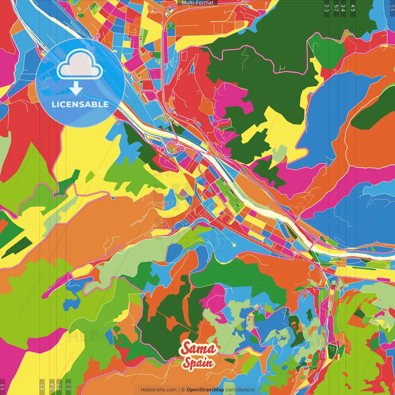 Sama, Asturias, Spain Crazy Colorful Street Map Poster Template