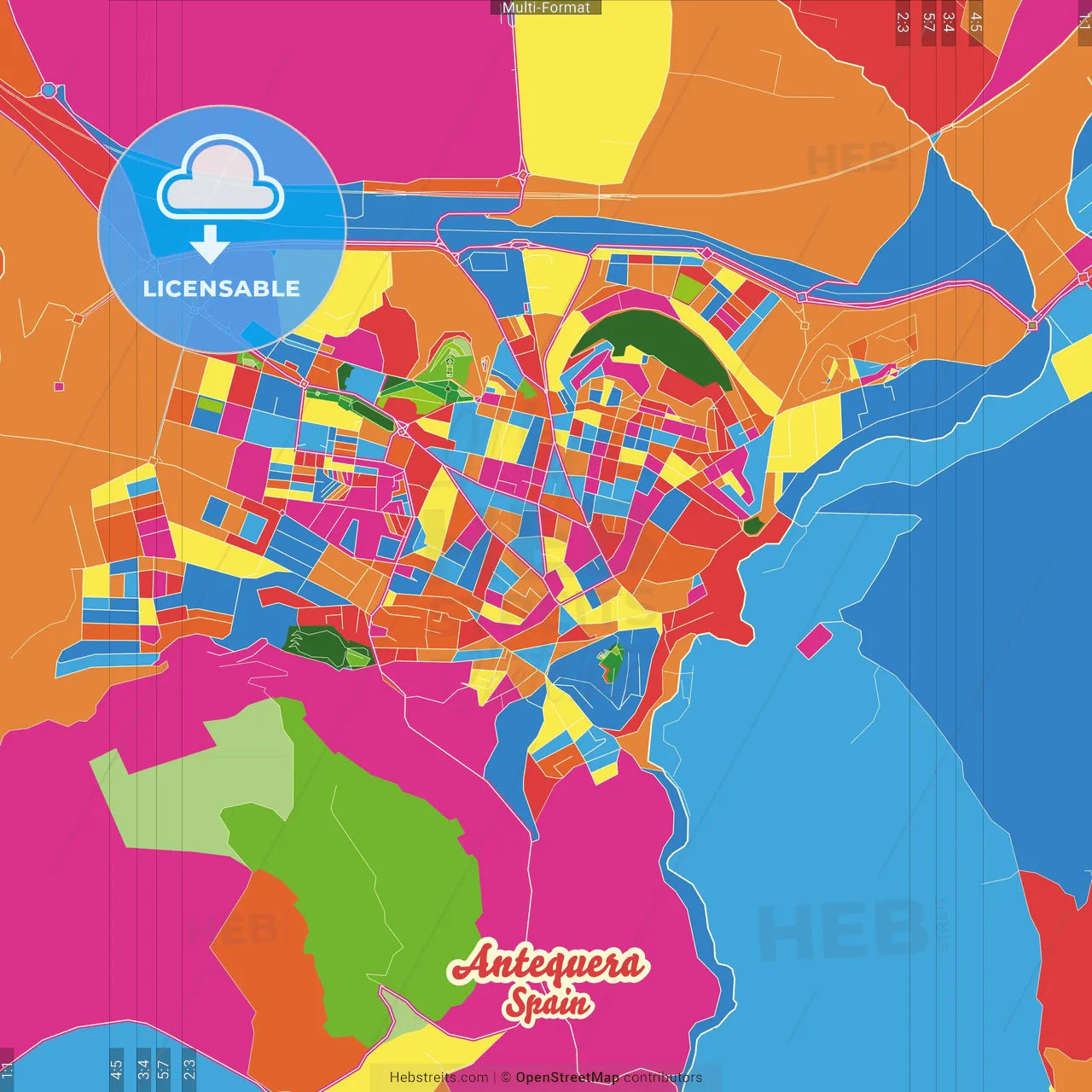 Antequera, Málaga, Spain Crazy Colorful Street Map Poster Template