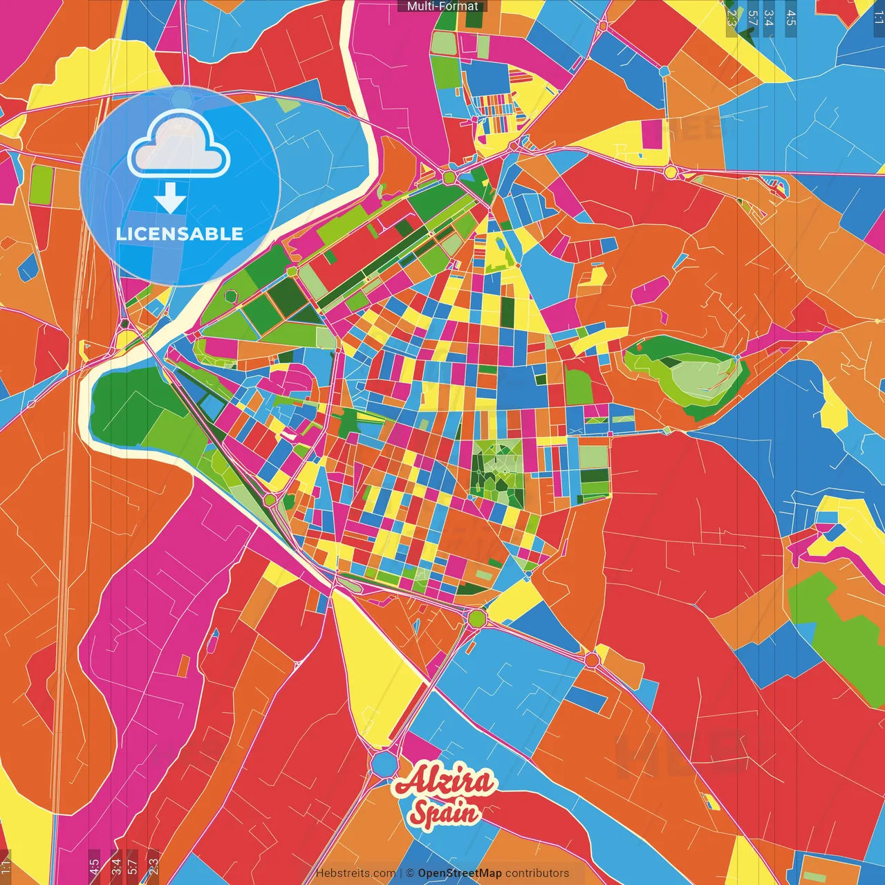 Alzira, Valencia, Spain Crazy Colorful Street Map Poster Template