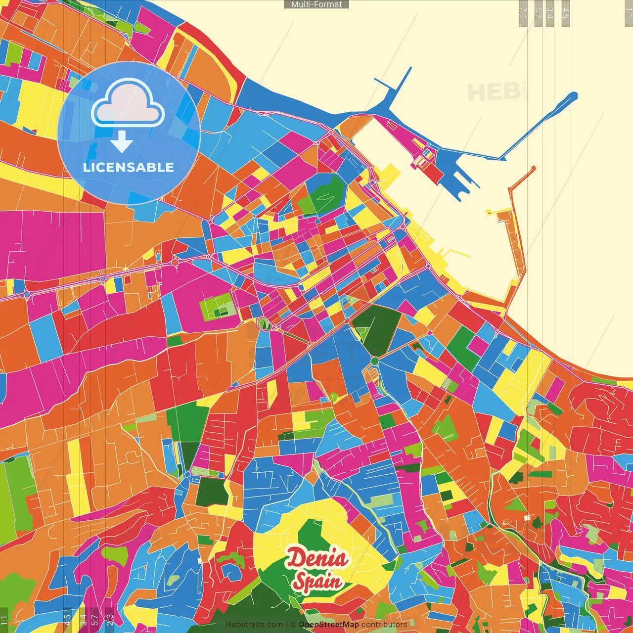 Denia, Alicante, Spain Crazy Colorful Street Map Poster Template