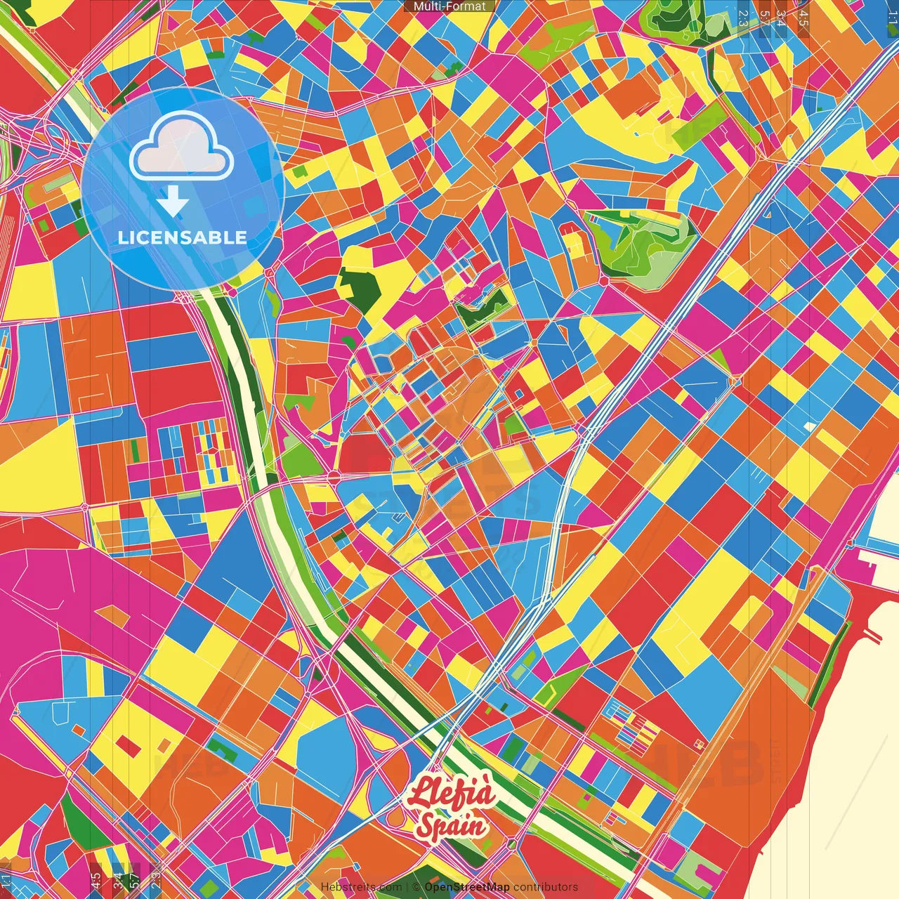 Llefià, 08913 Badalona, Spain Crazy Colorful Street Map Poster Template