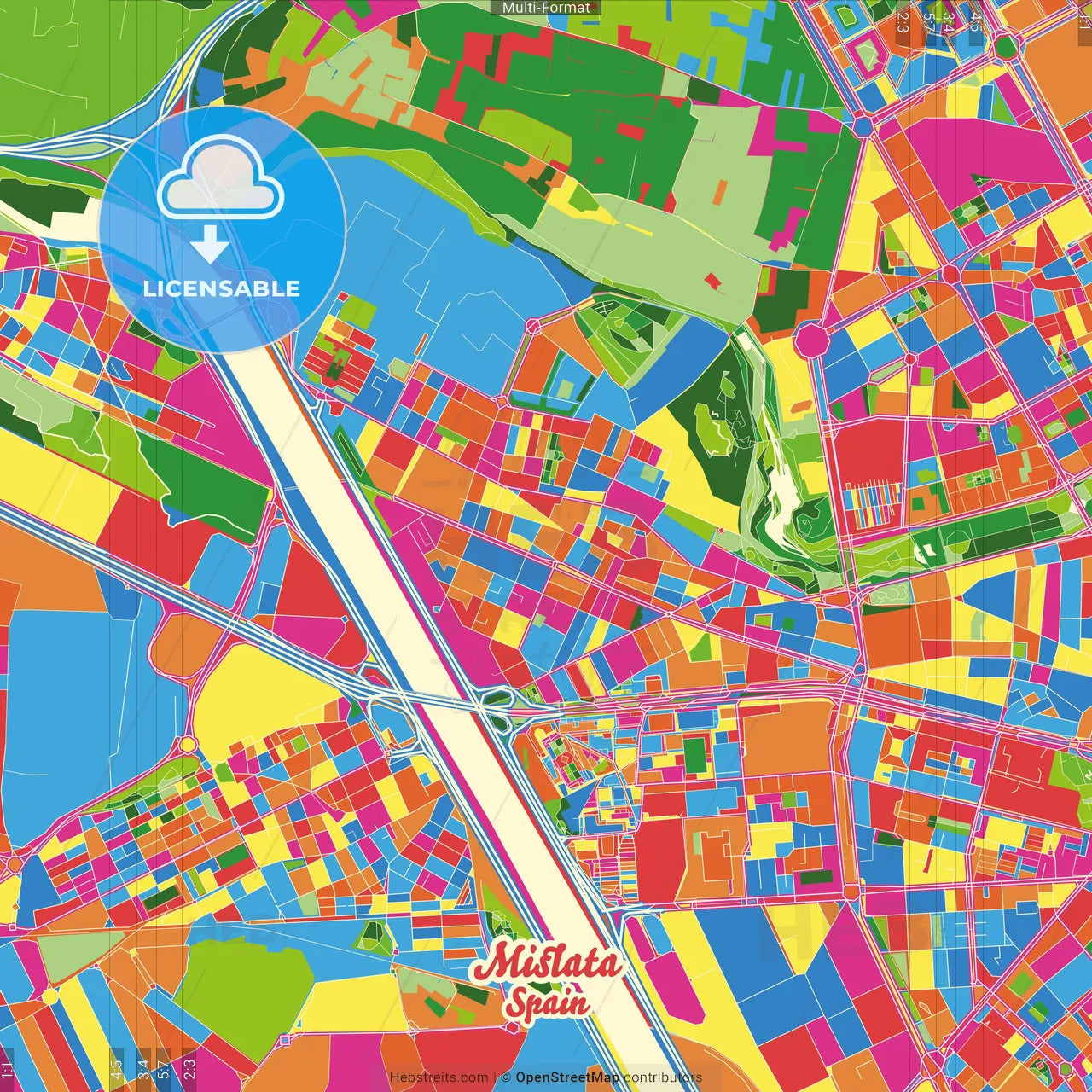 Mislata, Valencia, Spain Crazy Colorful Street Map Poster Template