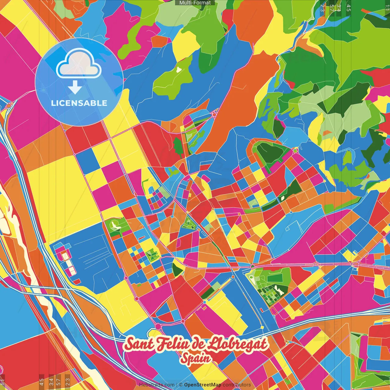 Sant Feliu de Llobregat, Barcelona, Spain Crazy Colorful Street Map Poster Template