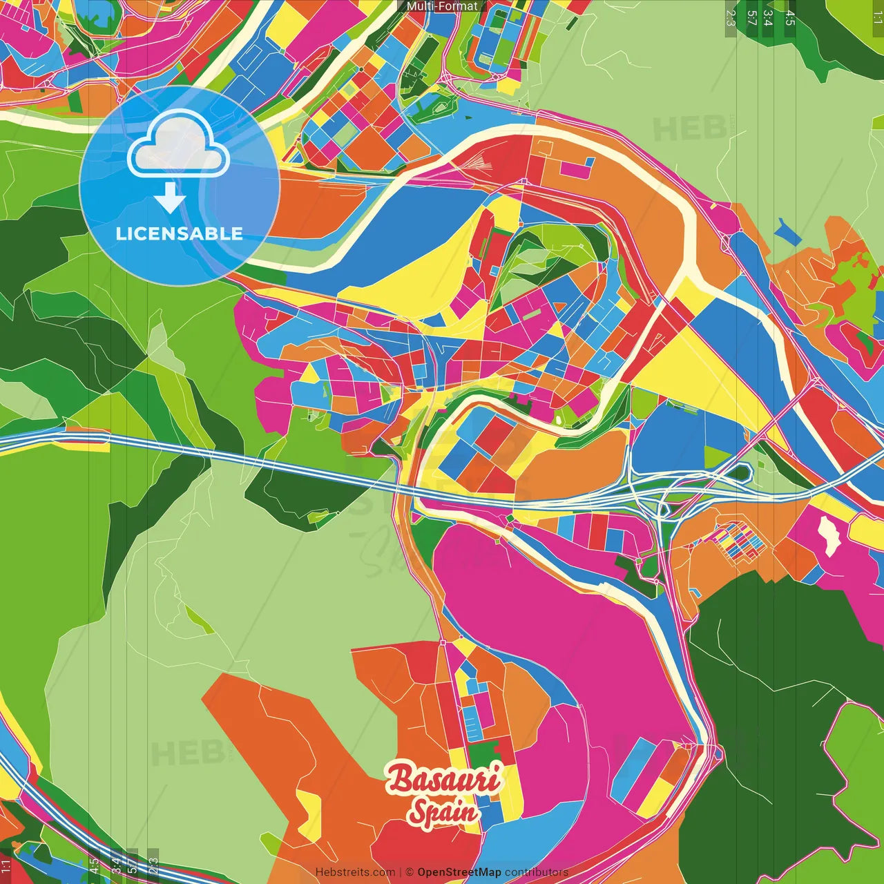Basauri, Biscay, Spain Crazy Colorful Street Map Poster Template