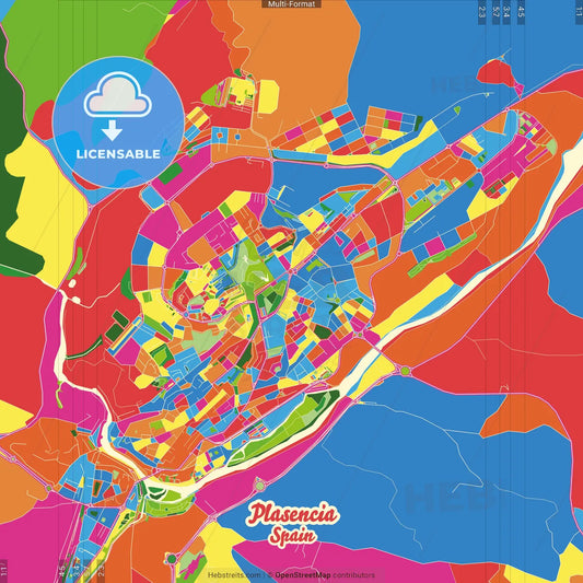 Plasencia, Cáceres, Spain Crazy Colorful Street Map Poster Template