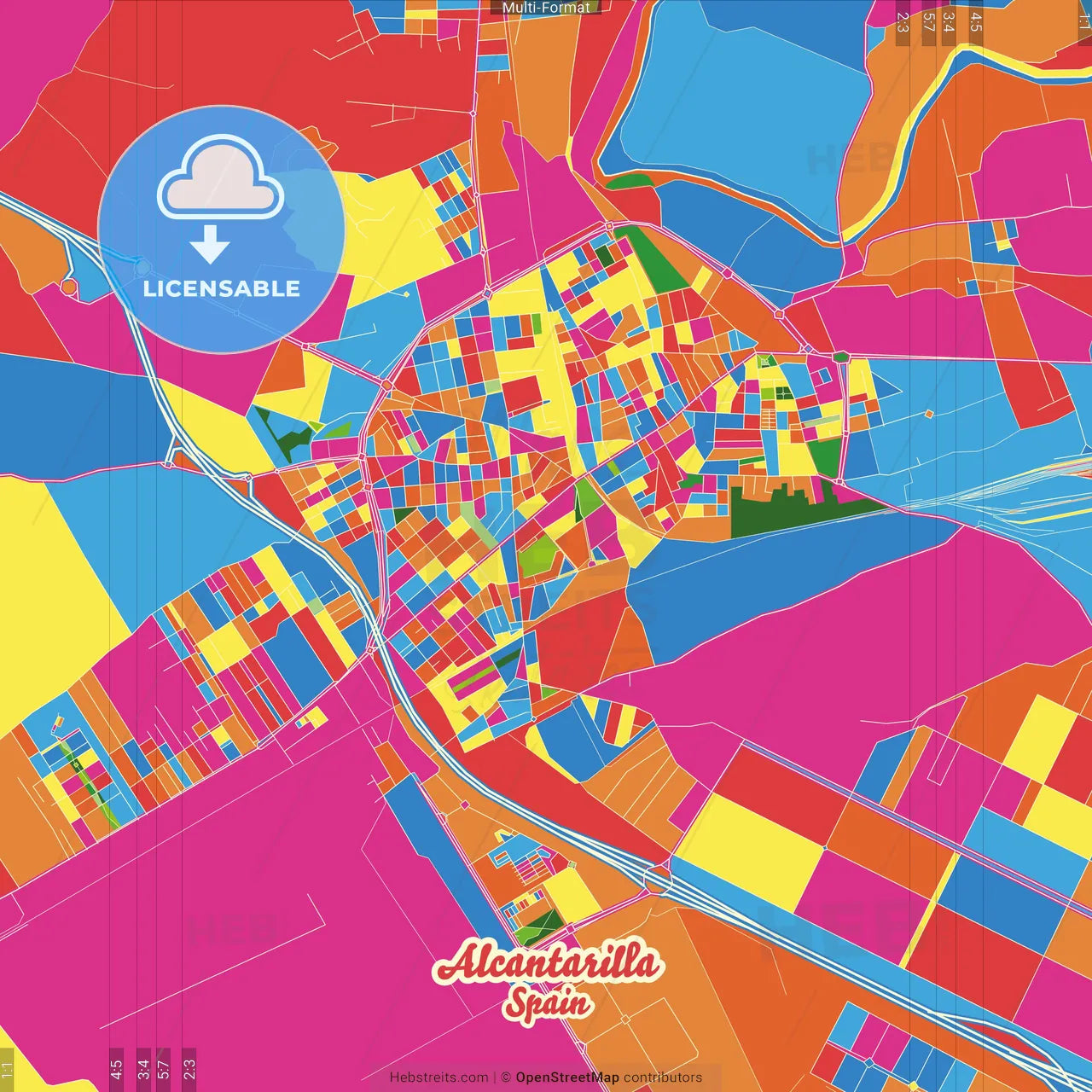 Alcantarilla, Murcia, Spain Crazy Colorful Street Map Poster Template