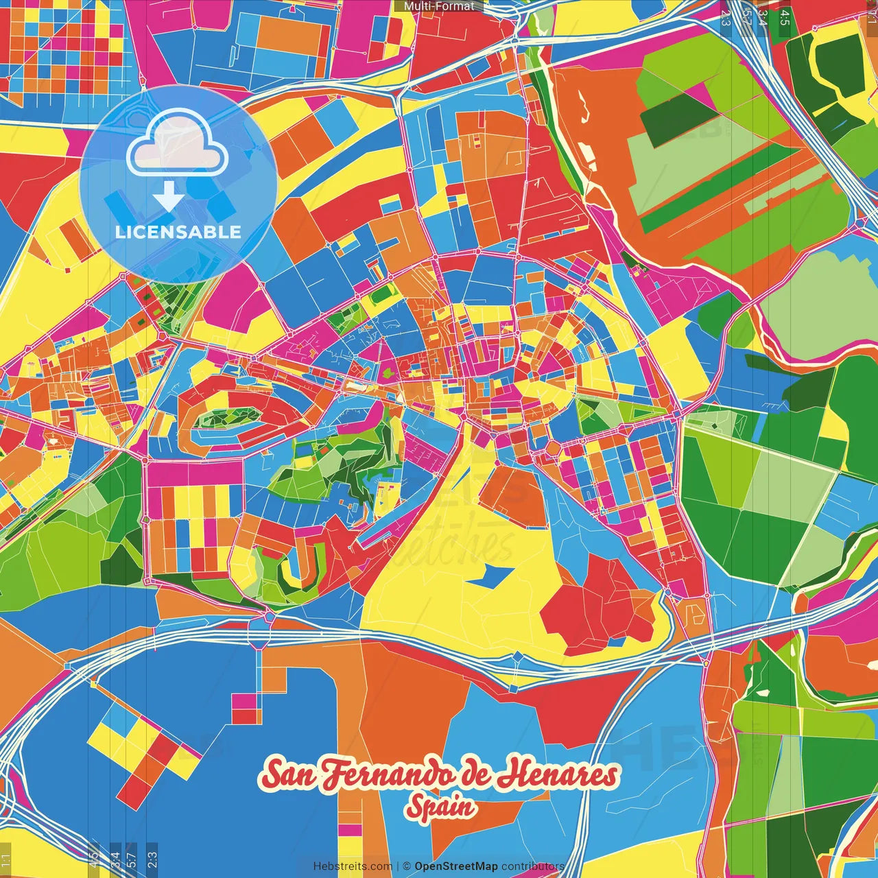 San Fernando de Henares, 28830, Spain Crazy Colorful Street Map Poster Template