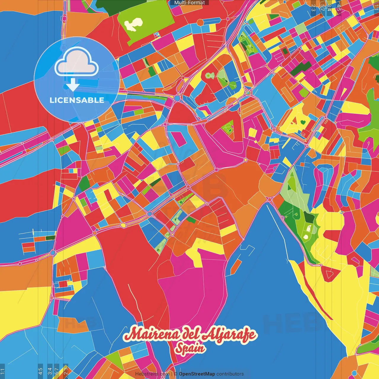 Mairena del Aljarafe, 41927, Spain Crazy Colorful Street Map Poster Template