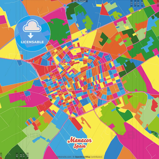 Manacor, Illes Balears, Spain Crazy Colorful Street Map Poster Template