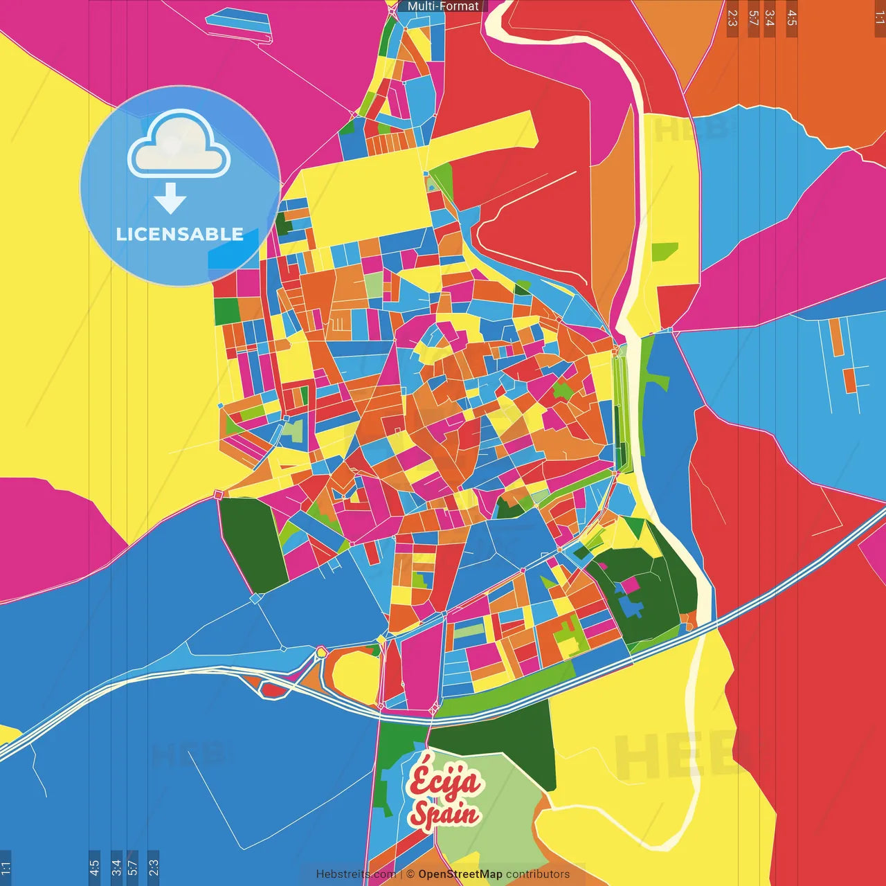 Écija, Sevilla, Spain Crazy Colorful Street Map Poster Template
