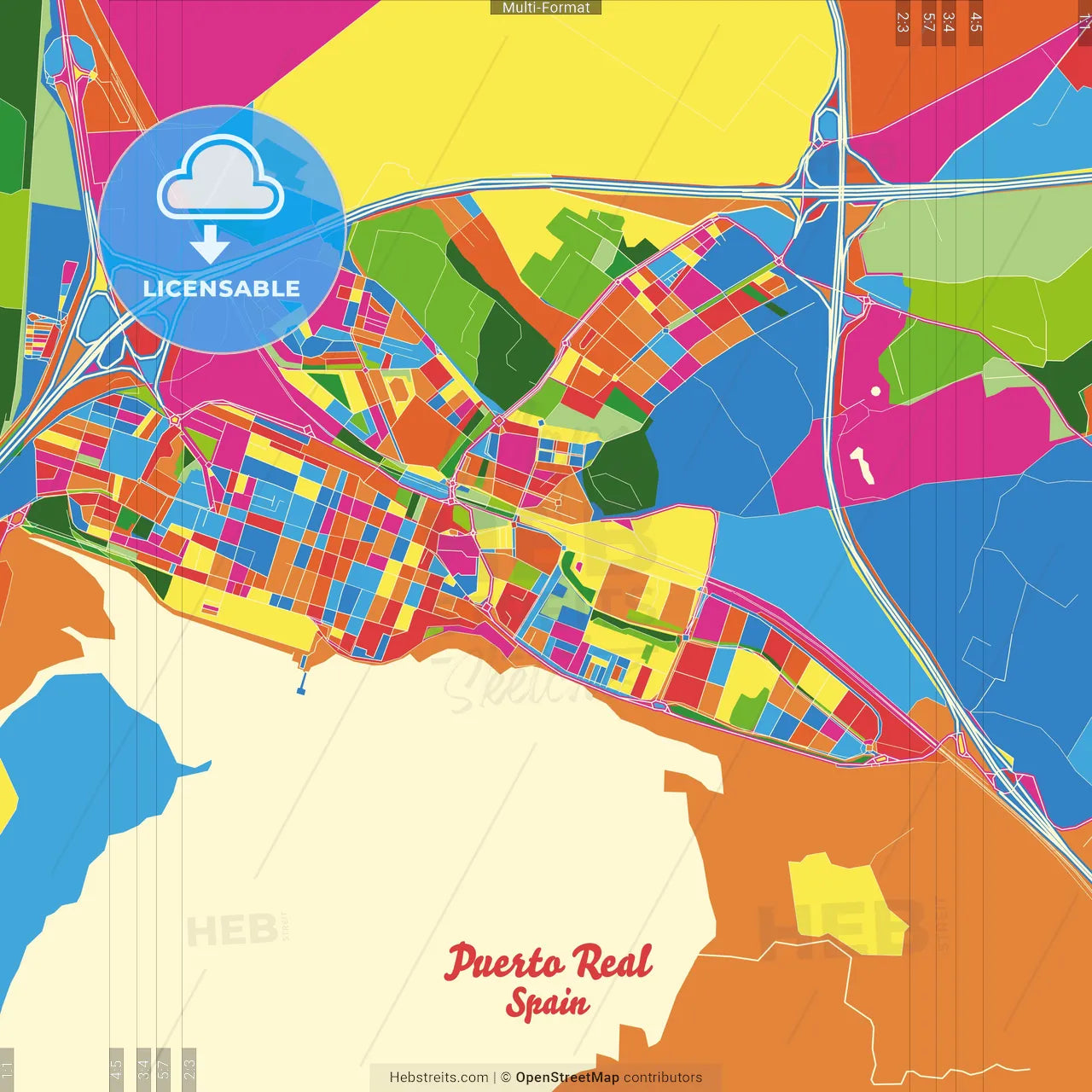 Puerto Real, Cádiz, Spain Crazy Colorful Street Map Poster Template
