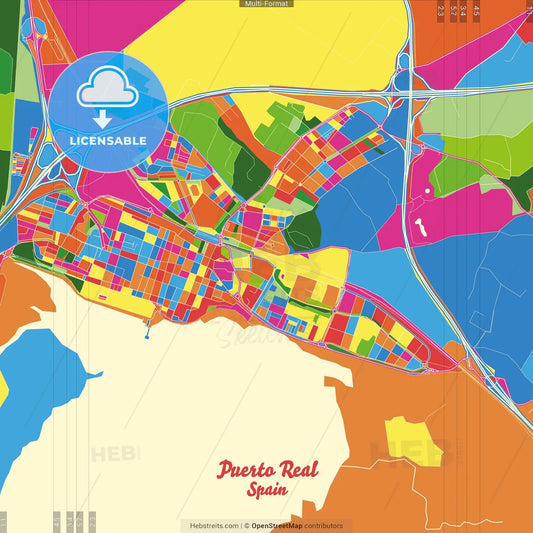 Puerto Real, Cádiz, Spain Crazy Colorful Street Map Poster Template