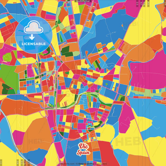Vic, Barcelona, Spain Crazy Colorful Street Map Poster Template