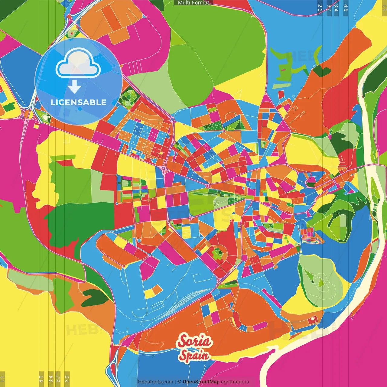 Soria, Spain Crazy Colorful Street Map Poster Template