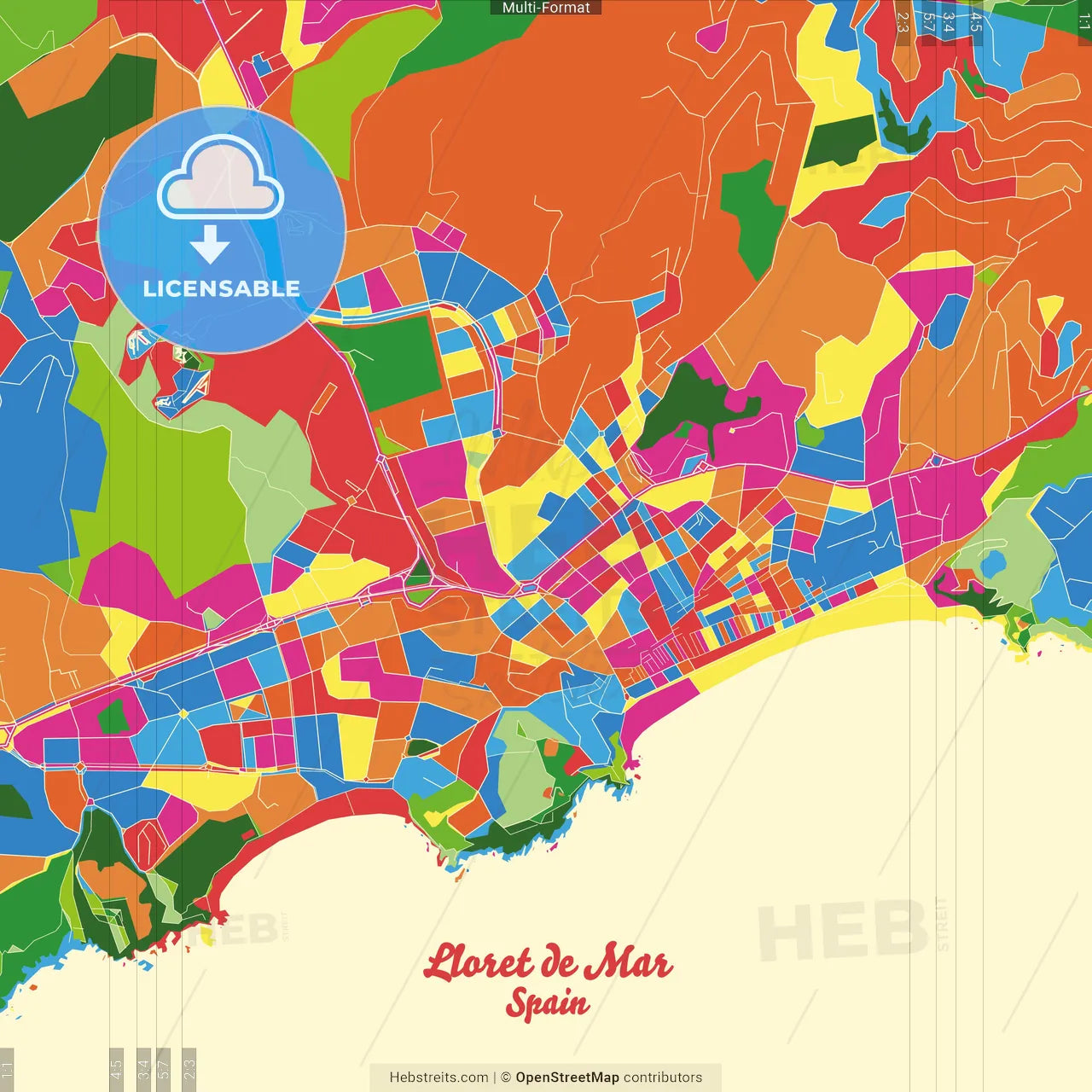 Lloret de Mar, Girona, Spain Crazy Colorful Street Map Poster Template