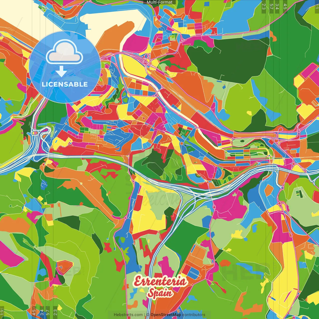 Errenteria, Gipuzkoa, Spain Crazy Colorful Street Map Poster Template