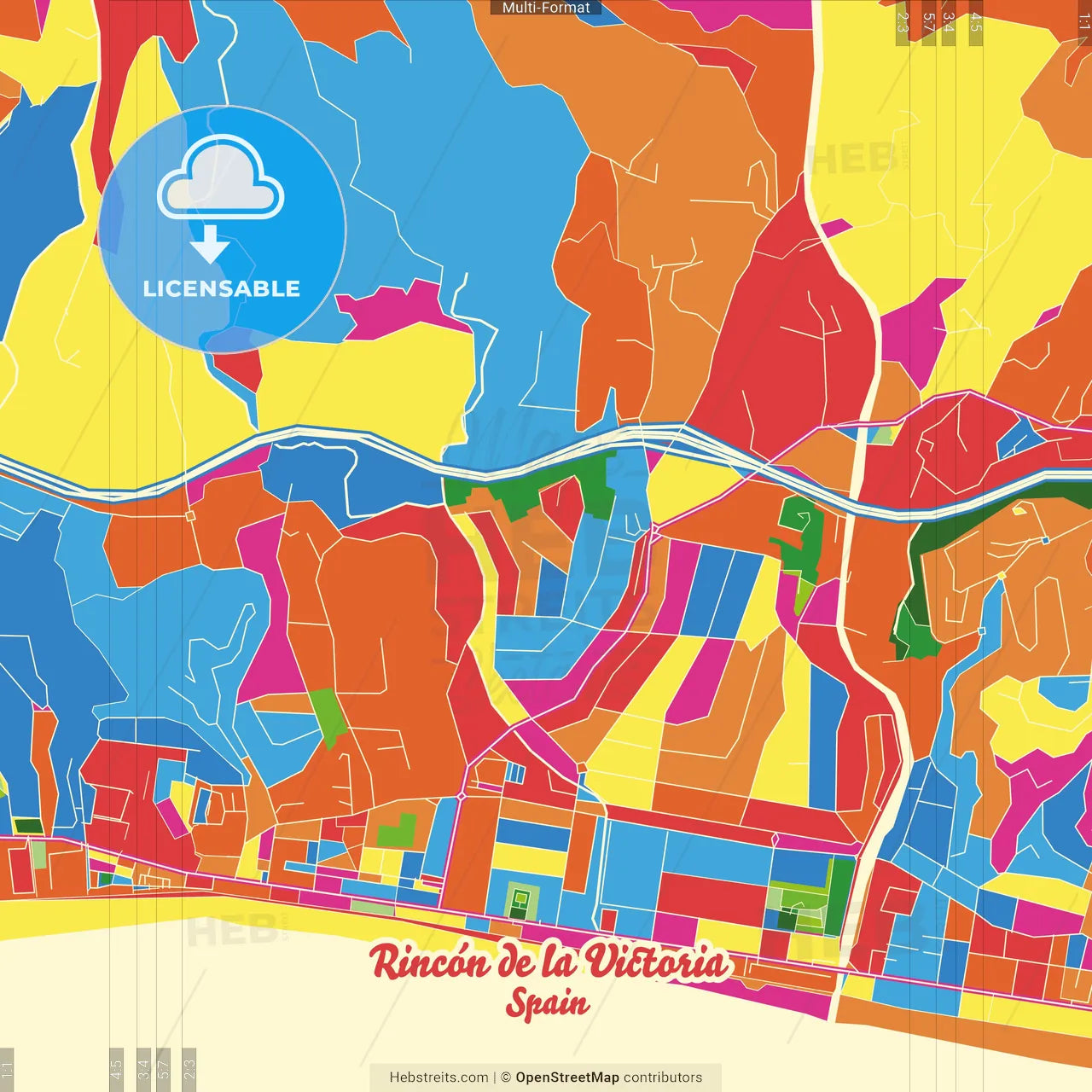Rincón de la Victoria, Málaga, Spain Crazy Colorful Street Map Poster Template