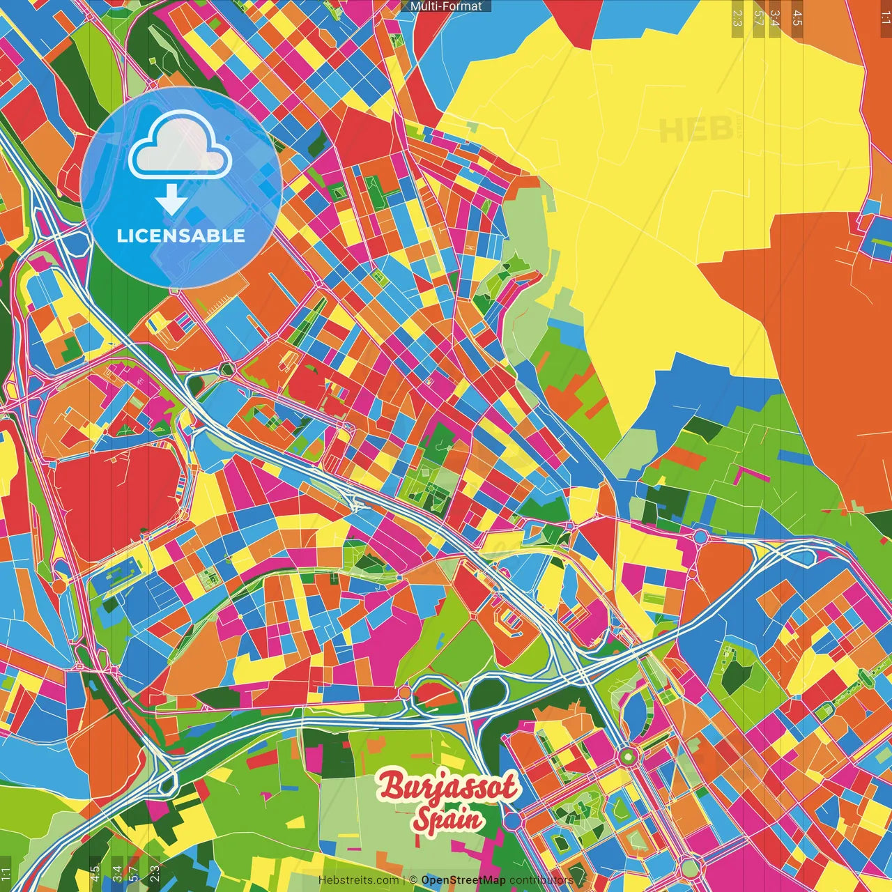 Burjassot, Valencia, Spain Crazy Colorful Street Map Poster Template
