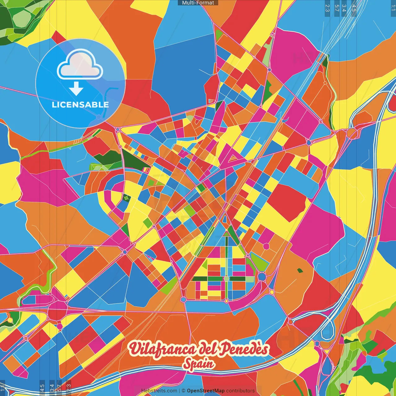 Vilafranca del Penedès, Barcelona, Spain Crazy Colorful Street Map Poster Template