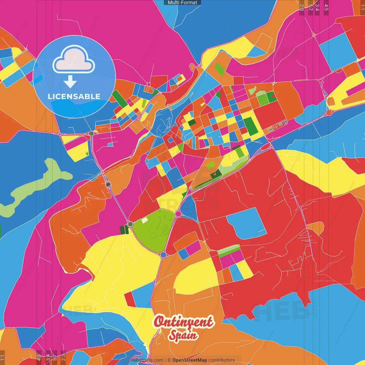 Ontinyent, Valencia, Spain Crazy Colorful Street Map Poster Template