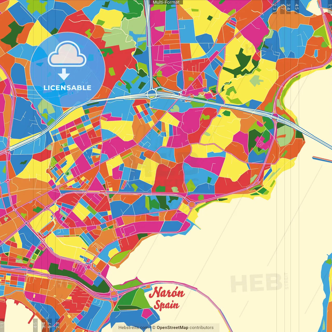 Narón, A Coruña, Spain Crazy Colorful Street Map Poster Template