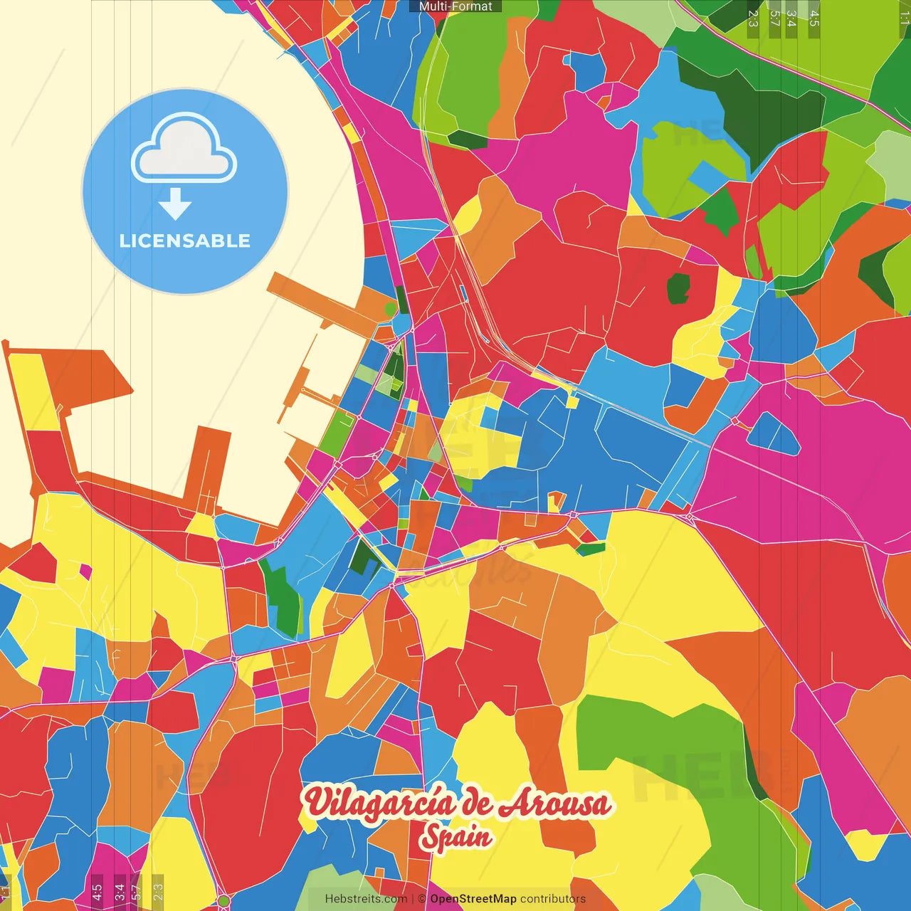Vilagarcía de Arousa, Pontevedra, Spain Crazy Colorful Street Map Poster Template