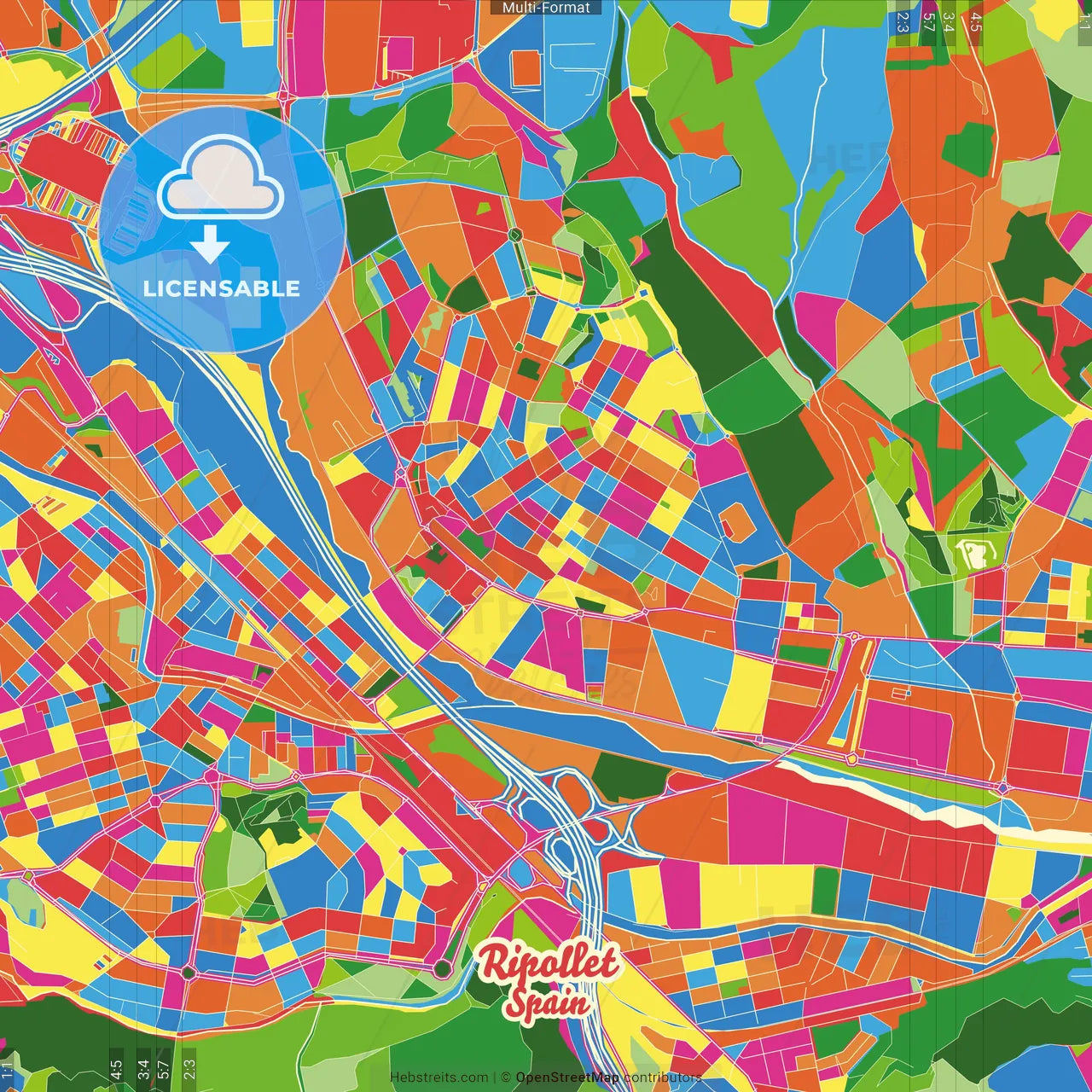 Ripollet, Barcelona, Spain Crazy Colorful Street Map Poster Template