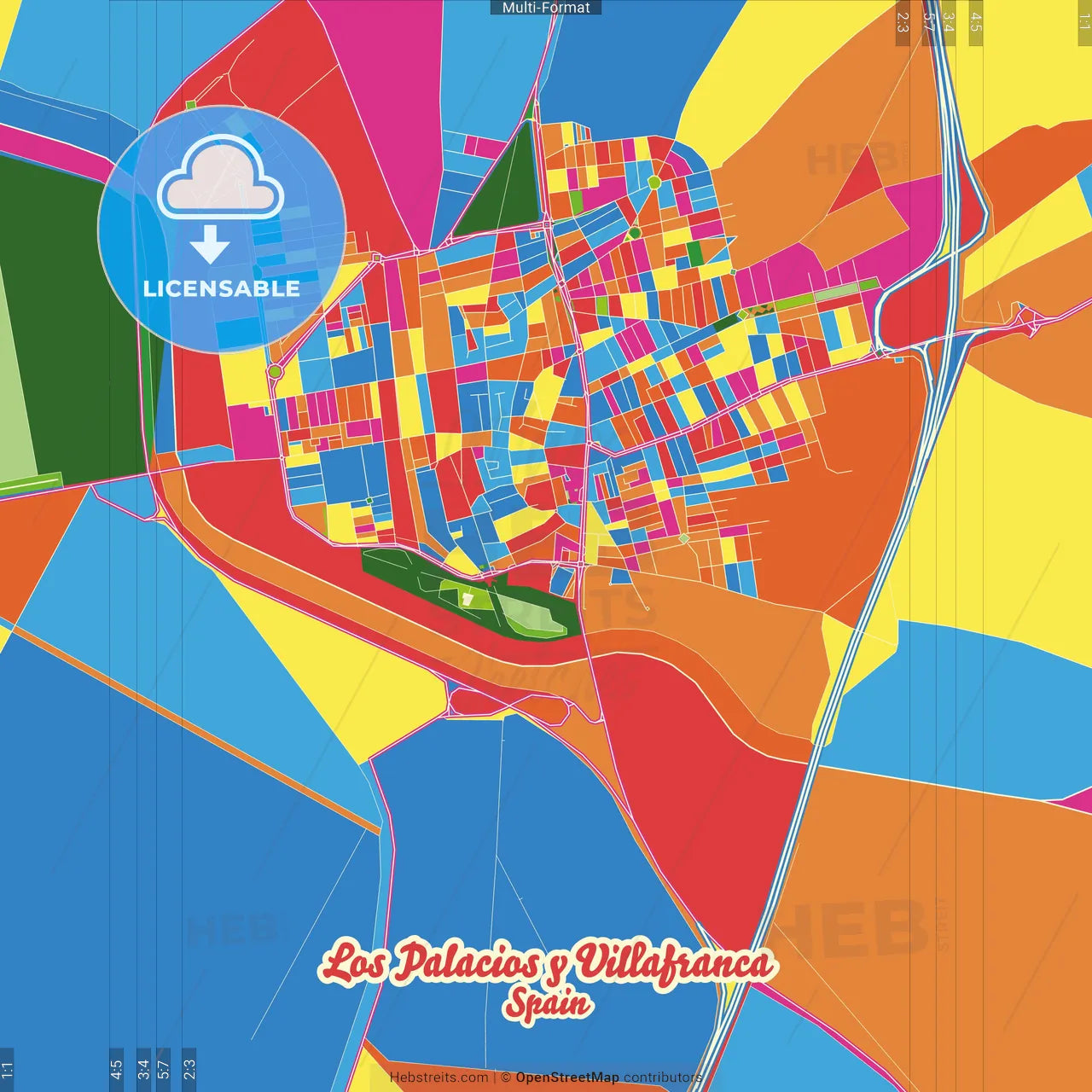 Los Palacios y Villafranca, Seville, Spain Crazy Colorful Street Map Poster Template