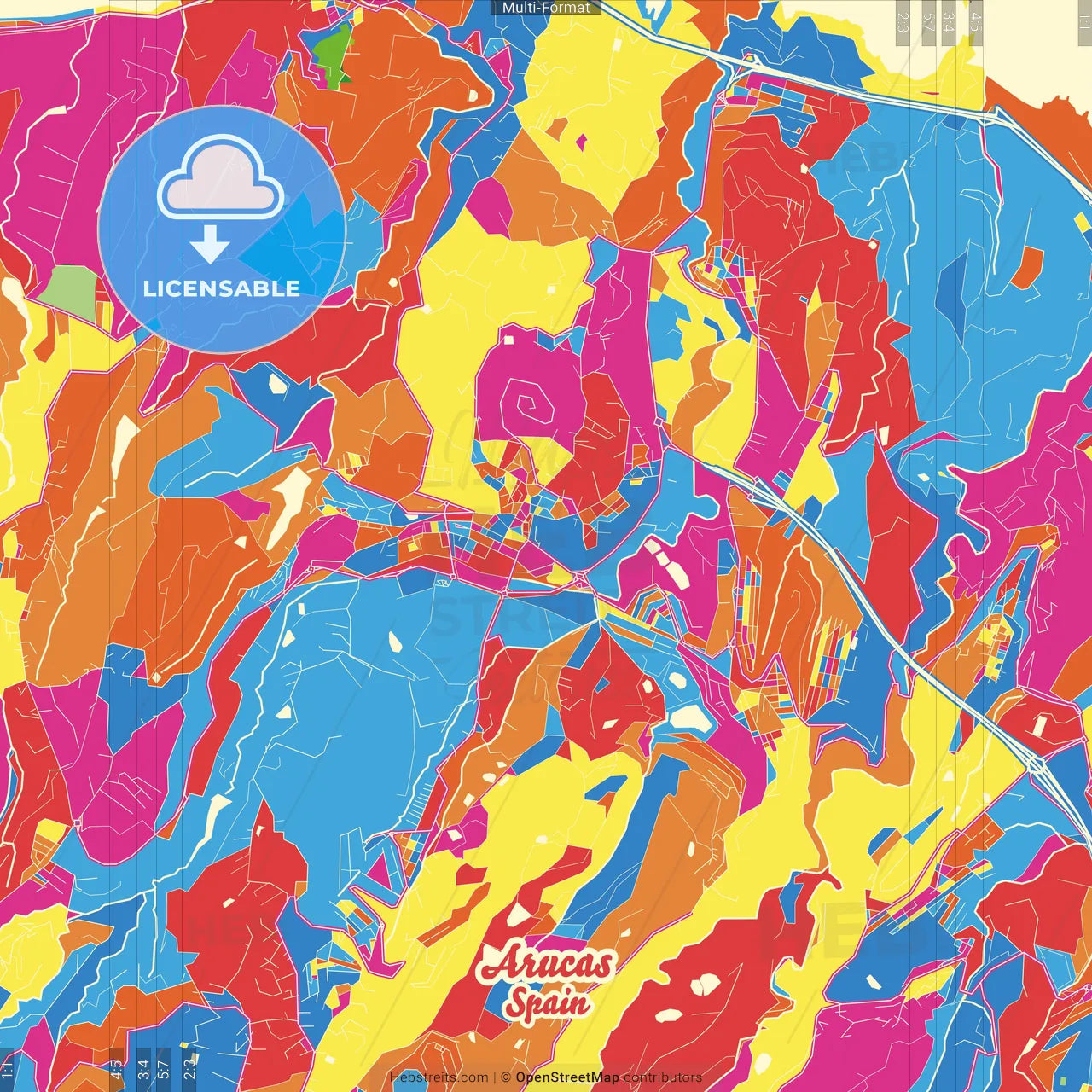 Arucas, Las Palmas, Spain Crazy Colorful Street Map Poster Template