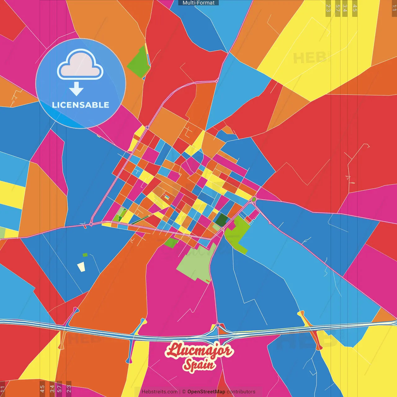 Llucmajor, Balearic Islands, Spain Crazy Colorful Street Map Poster Template