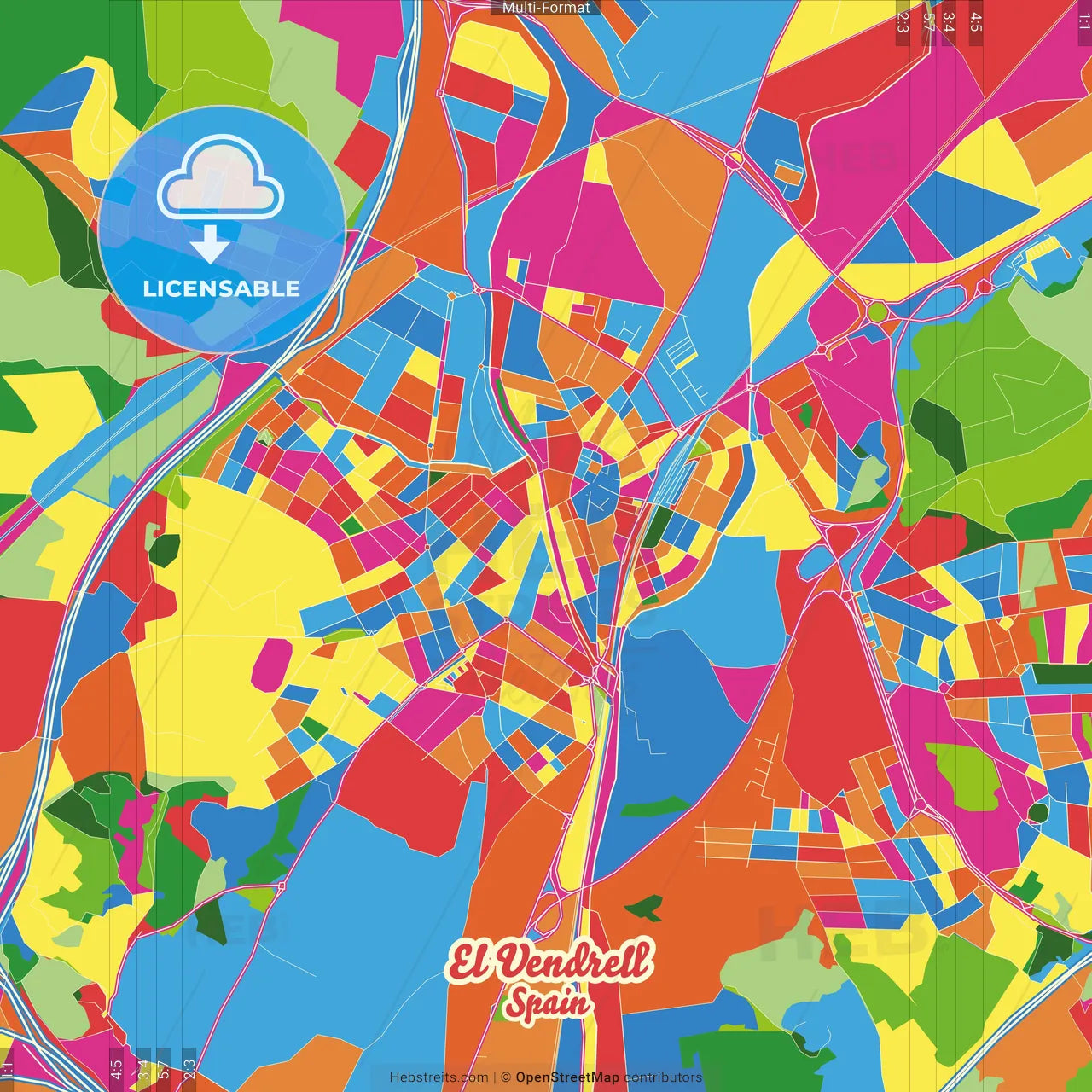 El Vendrell, Tarragona, Spain Crazy Colorful Street Map Poster Template