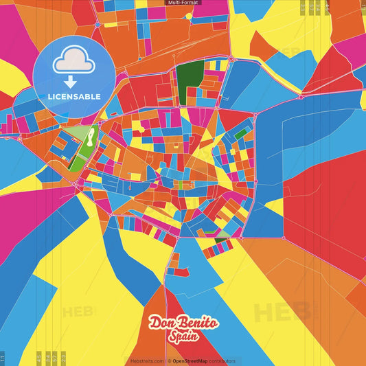 Don Benito, Badajoz, Spain Crazy Colorful Street Map Poster Template