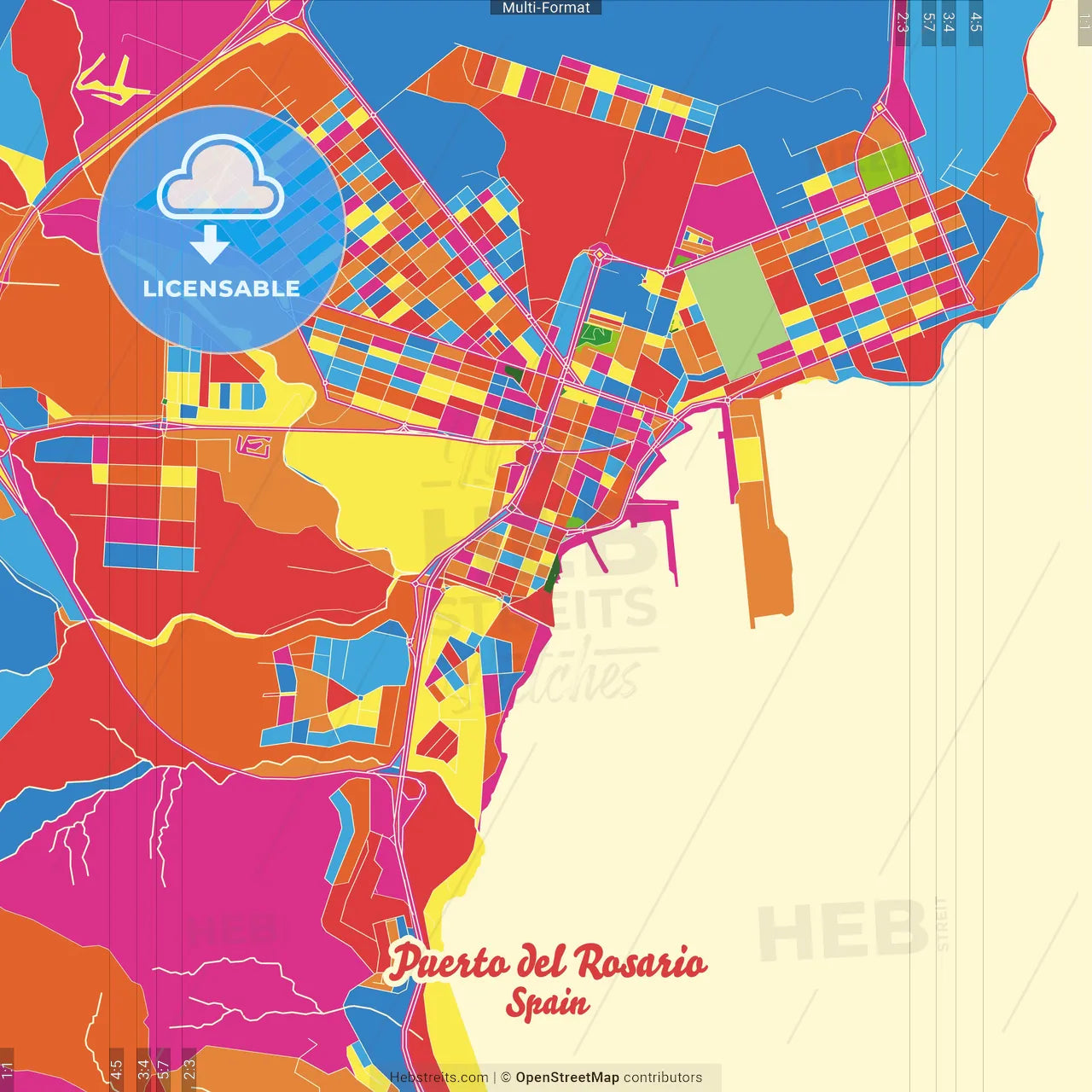 Puerto del Rosario, Las Palmas, Spain Crazy Colorful Street Map Poster Template