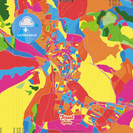 Teruel, Spain Crazy Colorful Street Map Poster Template