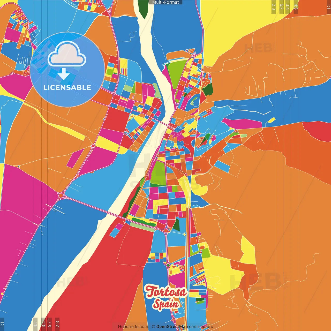 Tortosa, Tarragona, Spain Crazy Colorful Street Map Poster Template